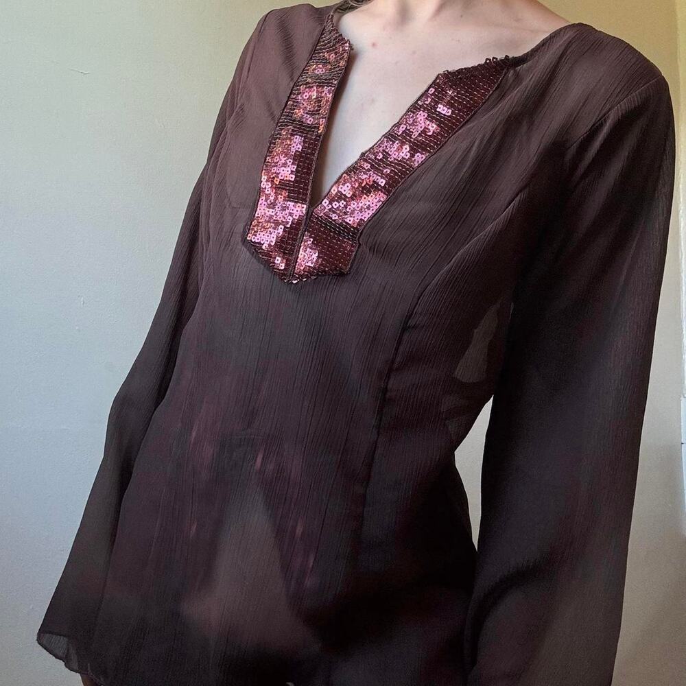 Vintage Soulmates Sheer Brown Sequined Blouse Small Witchy 70s Stevie Nicks - Picture 3 of 3